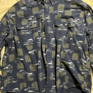 A navy blue cotton button up, fishing, comfy